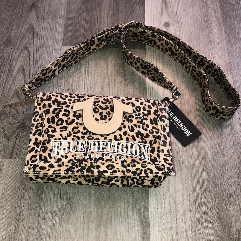True Religion Leopard Bling Logo Cotton & Polyester Messenger Crossbody Bag NWT